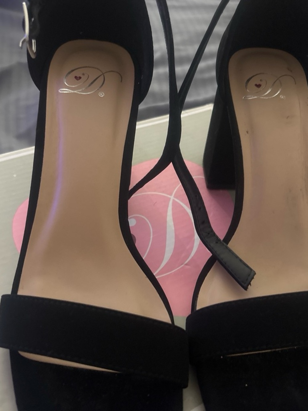 Dollhouse Black Suede Block Heel Sandals with Ankle Strap